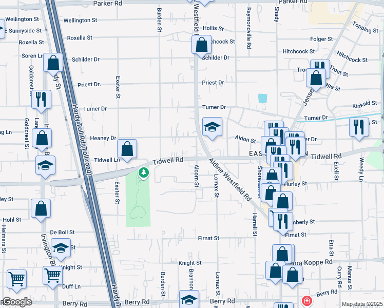 map of restaurants, bars, coffee shops, grocery stores, and more near 2117 Tidwell Road in Houston