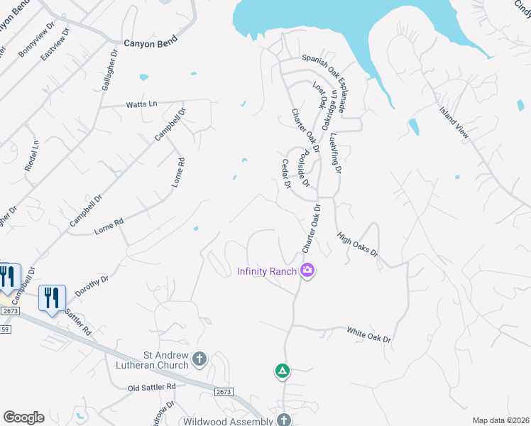 map of restaurants, bars, coffee shops, grocery stores, and more near 861 Charter Oak Drive in Canyon Lake