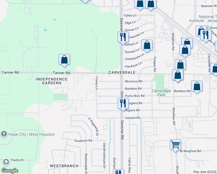 map of restaurants, bars, coffee shops, grocery stores, and more near 10236 Bamboo Road in Houston