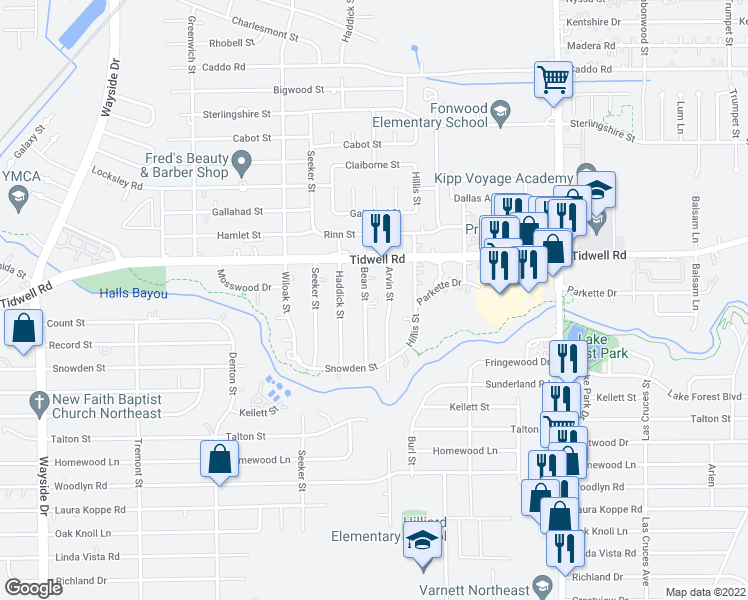 map of restaurants, bars, coffee shops, grocery stores, and more near 9301 Bean Street in Houston