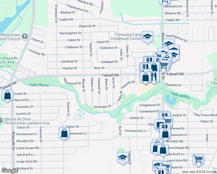 map of restaurants, bars, coffee shops, grocery stores, and more near 9301 Bean Street in Houston