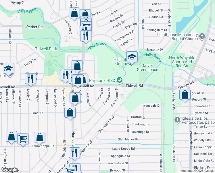 map of restaurants, bars, coffee shops, grocery stores, and more near 9438 Pembrook Street in Houston