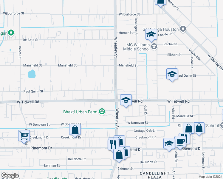 map of restaurants, bars, coffee shops, grocery stores, and more near 1110 Paul Quinn Street in Houston