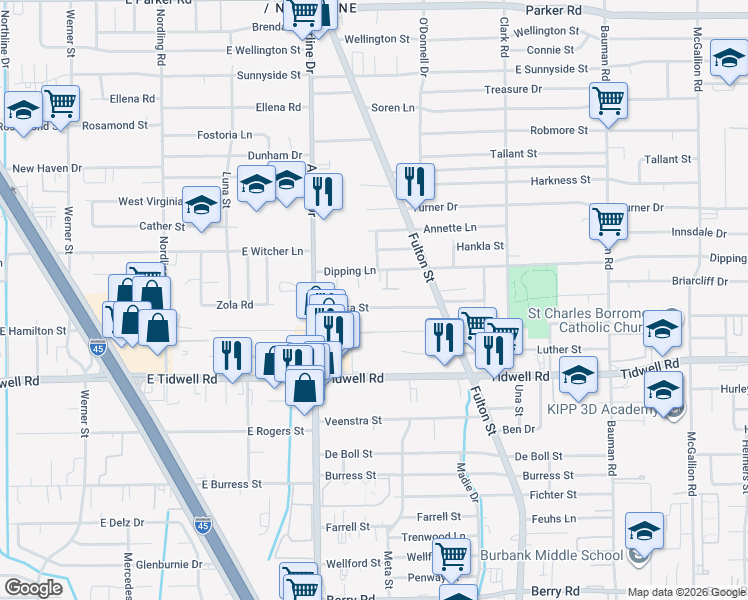 map of restaurants, bars, coffee shops, grocery stores, and more near 43 Luetta Street in Houston