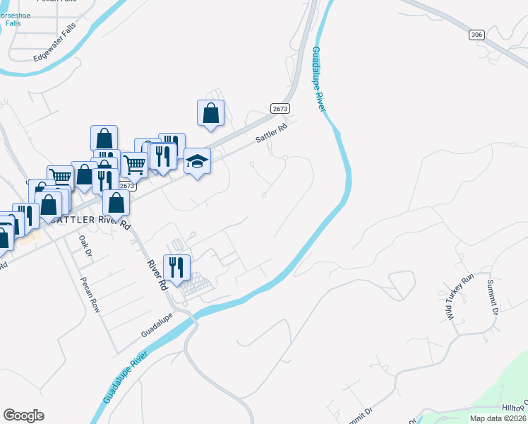 map of restaurants, bars, coffee shops, grocery stores, and more near 512 River Run in New Braunfels