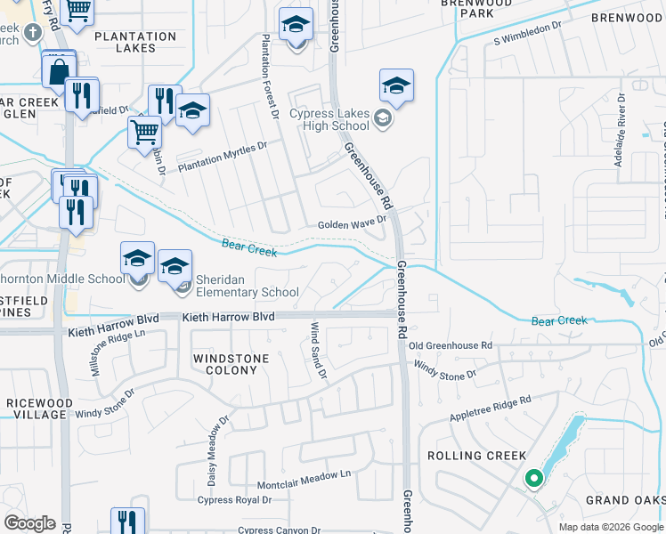 map of restaurants, bars, coffee shops, grocery stores, and more near 19223 Sky Timbers Lane in Katy