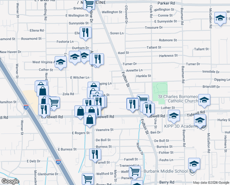 map of restaurants, bars, coffee shops, grocery stores, and more near 43 Luetta Street in Houston