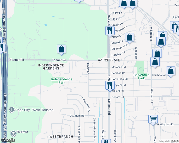 map of restaurants, bars, coffee shops, grocery stores, and more near 5614 Triway Lane in Houston