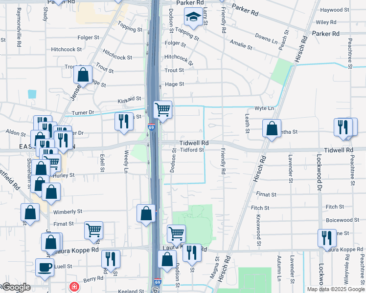 map of restaurants, bars, coffee shops, grocery stores, and more near 3903 Tidford St in Houston
