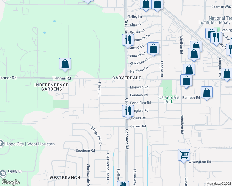 map of restaurants, bars, coffee shops, grocery stores, and more near 10236 Bamboo Road in Houston