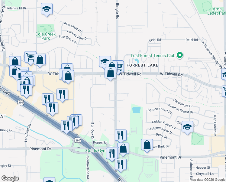 map of restaurants, bars, coffee shops, grocery stores, and more near 5707 Bingle Road in Houston