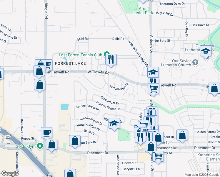 map of restaurants, bars, coffee shops, grocery stores, and more near 6000 West Sunforest Drive in Houston