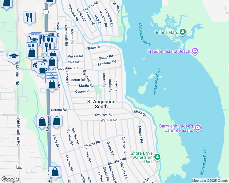 map of restaurants, bars, coffee shops, grocery stores, and more near 150 Egret Road in St. Augustine