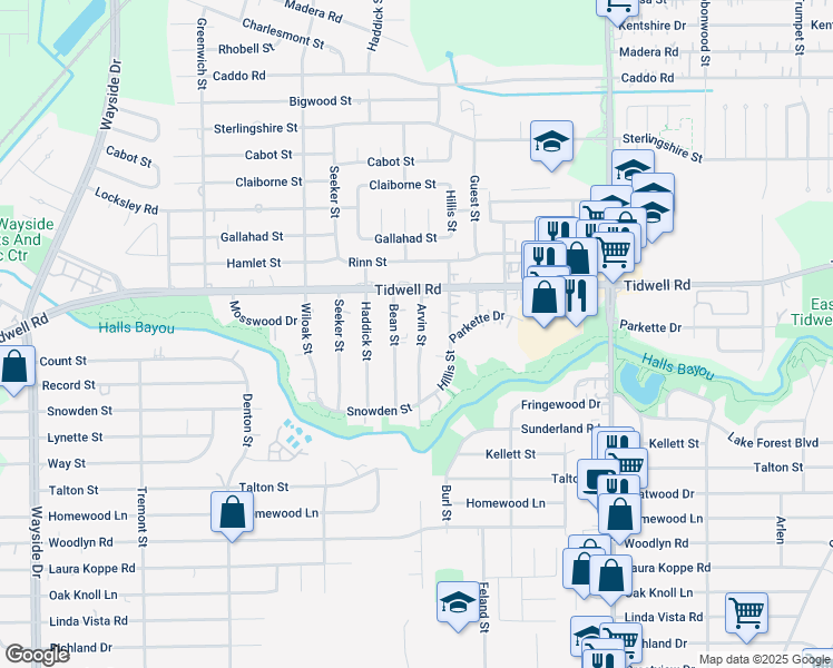 map of restaurants, bars, coffee shops, grocery stores, and more near 9301 Arvin Street in Houston