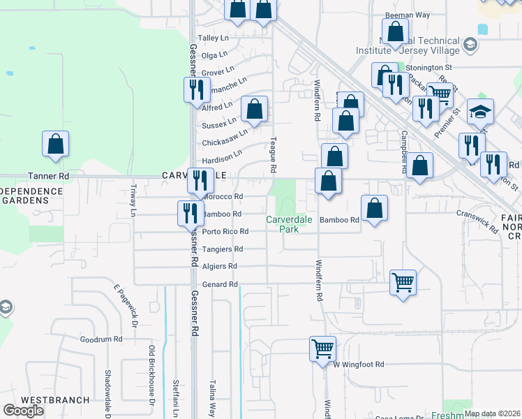 map of restaurants, bars, coffee shops, grocery stores, and more near 10006 Bamboo Road in Houston