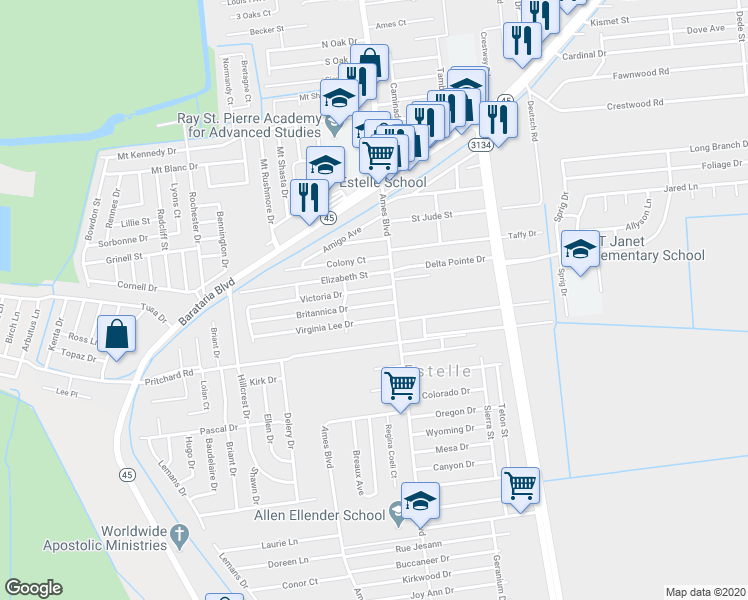 map of restaurants, bars, coffee shops, grocery stores, and more near 2712 Britannica Drive in Marrero