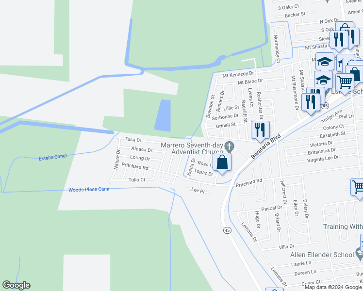 map of restaurants, bars, coffee shops, grocery stores, and more near Tusa Drive in Marrero