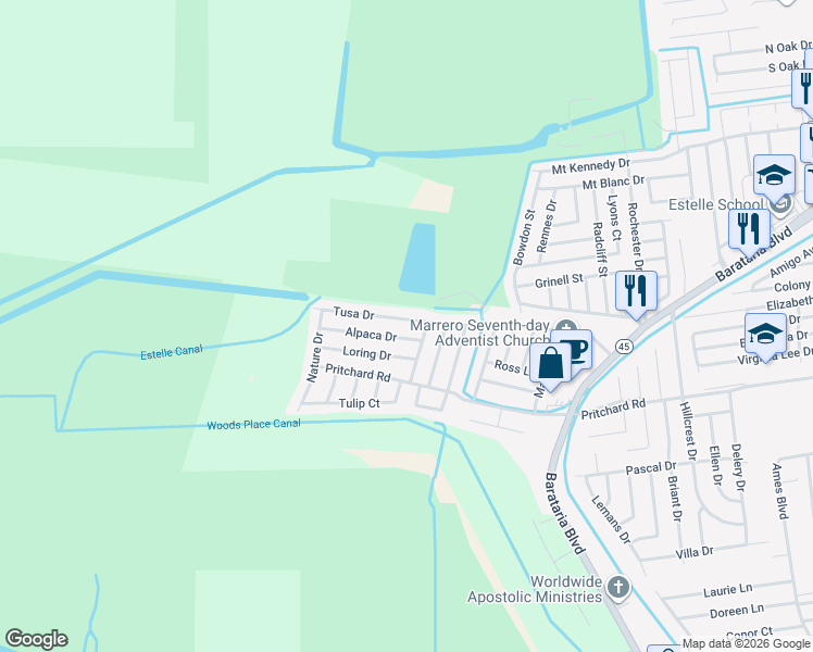 map of restaurants, bars, coffee shops, grocery stores, and more near 5329 Tusa Drive in Marrero