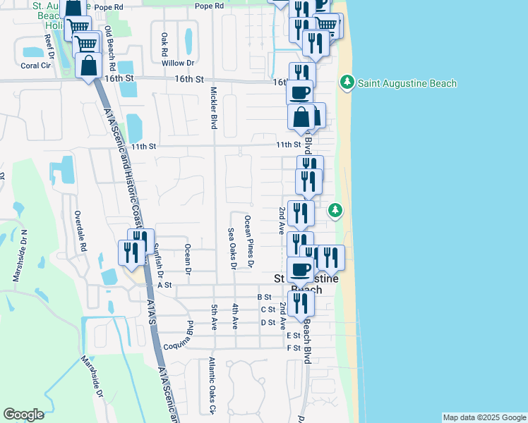 map of restaurants, bars, coffee shops, grocery stores, and more near 213 6th Street in St. Augustine