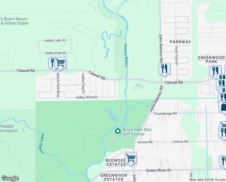 map of restaurants, bars, coffee shops, grocery stores, and more near 8619 Valley Forest Drive in Houston