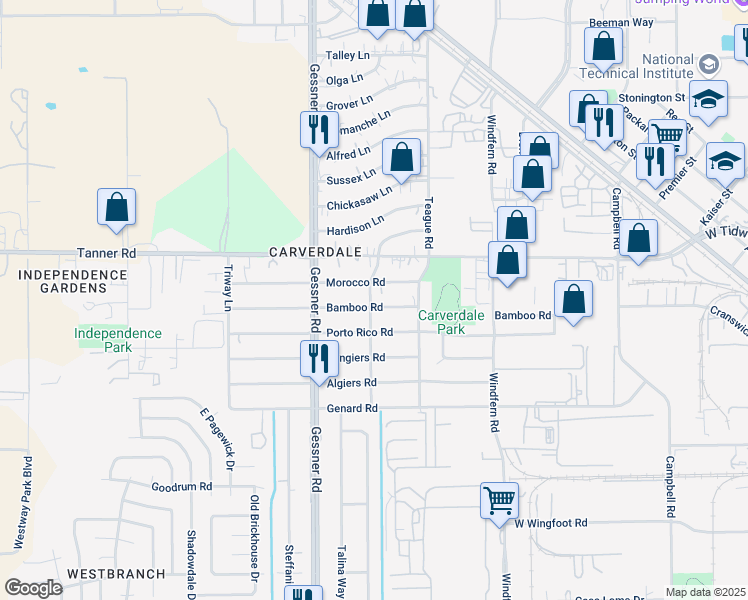 map of restaurants, bars, coffee shops, grocery stores, and more near 10046 Bamboo Rd in Houston