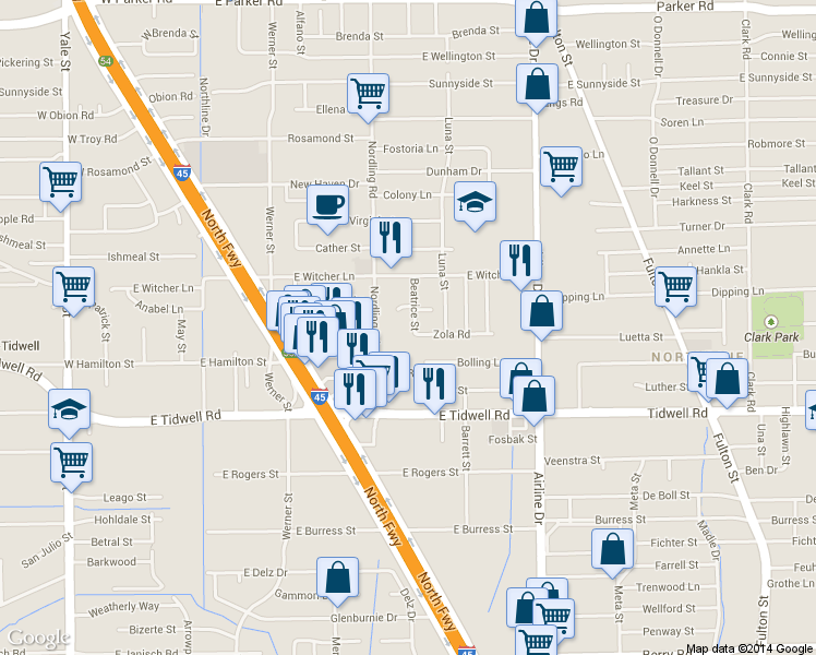 map of restaurants, bars, coffee shops, grocery stores, and more near 5603 Beatrice Street in Houston
