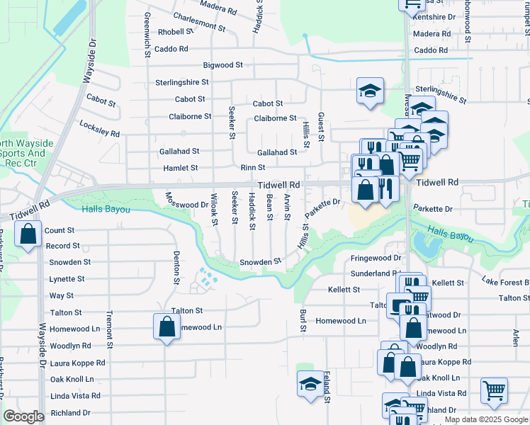 map of restaurants, bars, coffee shops, grocery stores, and more near 9301 Bean St in Houston