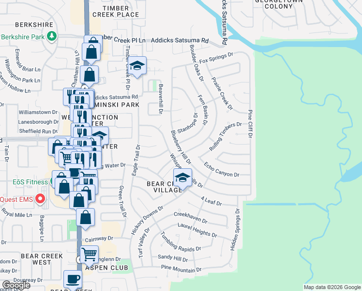 map of restaurants, bars, coffee shops, grocery stores, and more near 15835 Fern Basin Drive in Houston