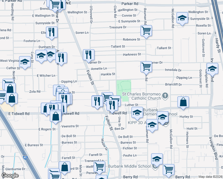 map of restaurants, bars, coffee shops, grocery stores, and more near 9801 Marydel Street in Houston