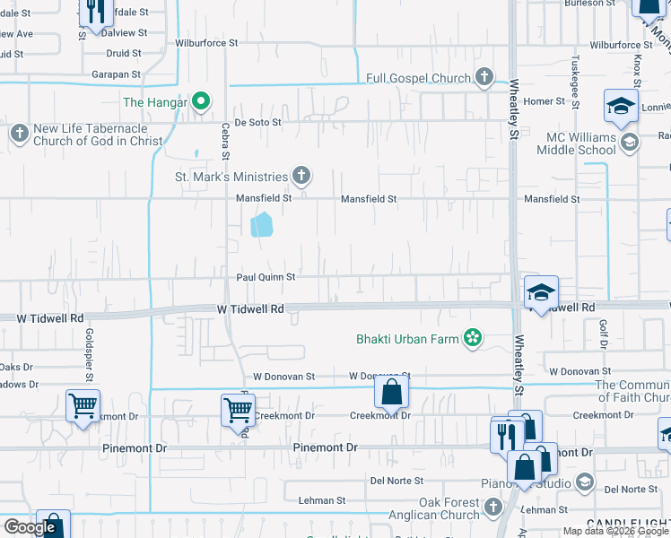 map of restaurants, bars, coffee shops, grocery stores, and more near 1730 Paul Quinn Street in Houston