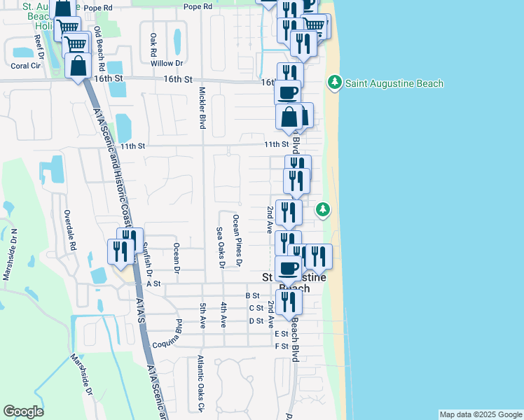 map of restaurants, bars, coffee shops, grocery stores, and more near 213 6th Street in St. Augustine