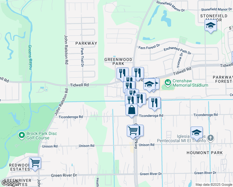 map of restaurants, bars, coffee shops, grocery stores, and more near 12000-12290 Tidwell Rd in Houston