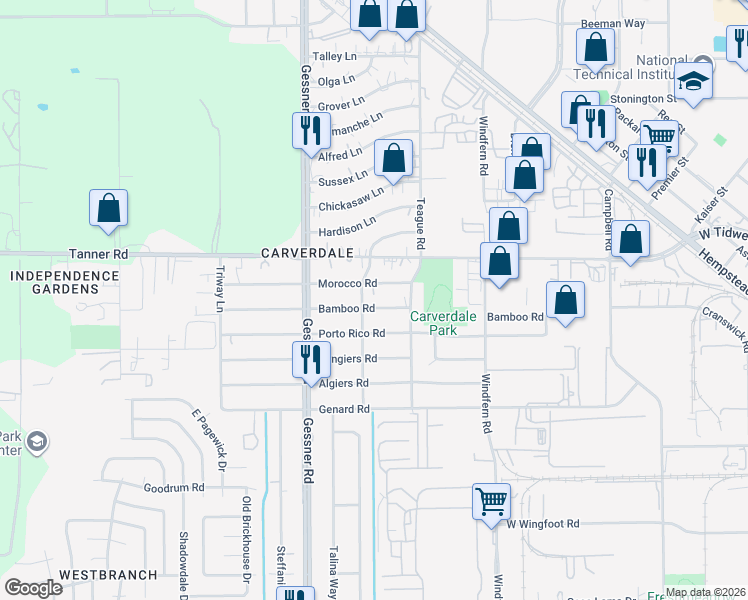 map of restaurants, bars, coffee shops, grocery stores, and more near 10046 Bamboo Road in Houston