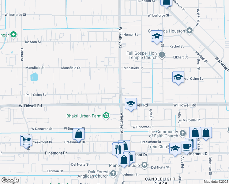 map of restaurants, bars, coffee shops, grocery stores, and more near 1110 Paul Quinn Street in Houston