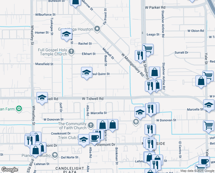 map of restaurants, bars, coffee shops, grocery stores, and more near 5610 Beall Street in Houston