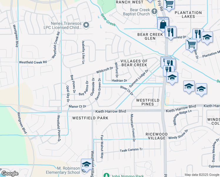 map of restaurants, bars, coffee shops, grocery stores, and more near 5223 Smokey River Drive in Katy