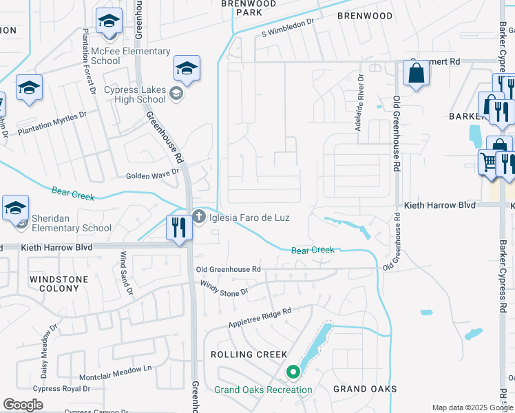 map of restaurants, bars, coffee shops, grocery stores, and more near 18935 Treviso Terrace Lane in Katy