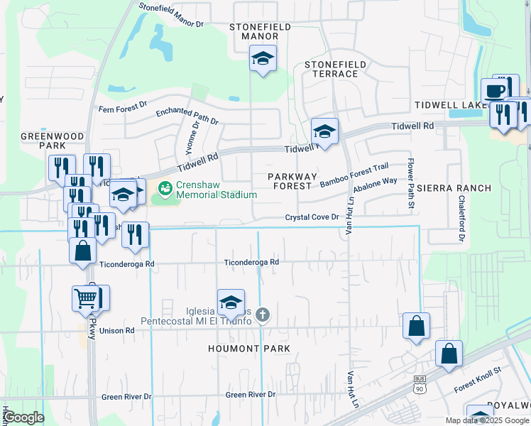map of restaurants, bars, coffee shops, grocery stores, and more near 12811 Crystal Cove Drive in Houston