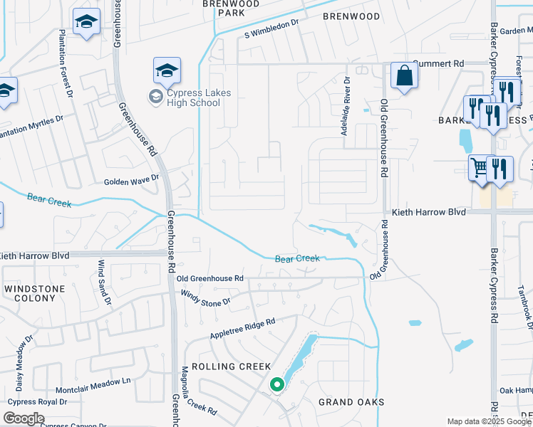 map of restaurants, bars, coffee shops, grocery stores, and more near 18835 Treviso Terrace Lane in Katy