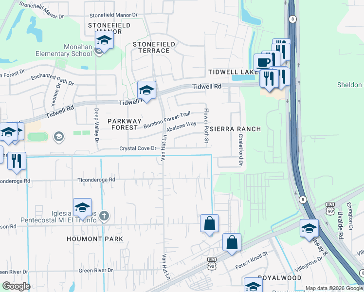 map of restaurants, bars, coffee shops, grocery stores, and more near 8603 Crystal Cove Drive in Houston