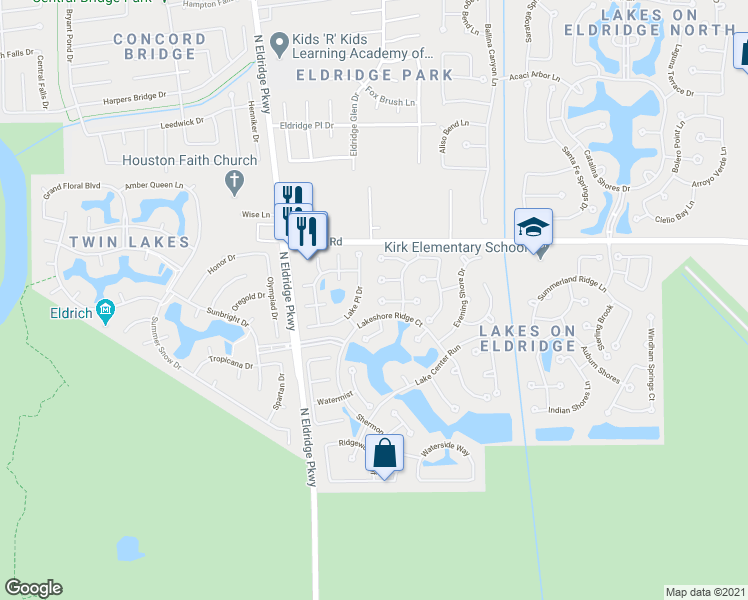 map of restaurants, bars, coffee shops, grocery stores, and more near 12722 Wilbury Park in Houston