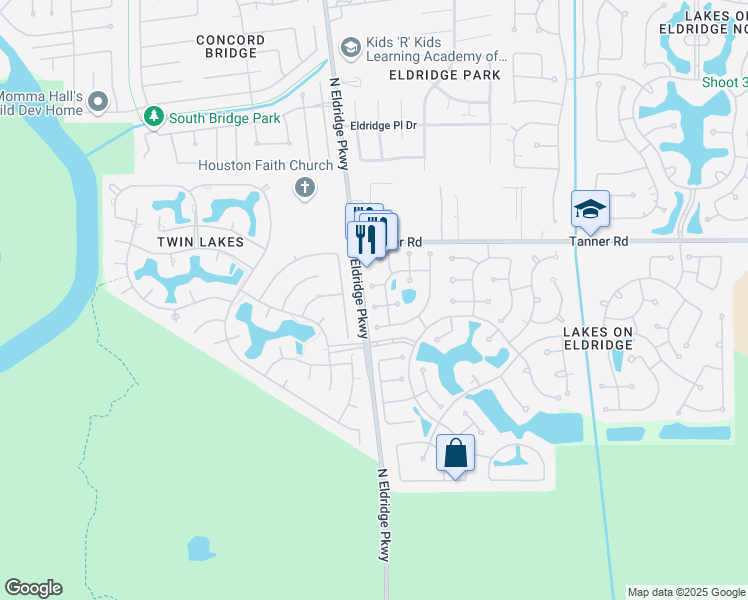 map of restaurants, bars, coffee shops, grocery stores, and more near 12910 Coralville Court in Houston