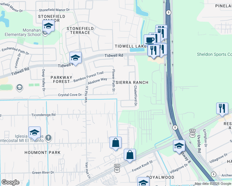 map of restaurants, bars, coffee shops, grocery stores, and more near 8602 Flower Path Street in Houston