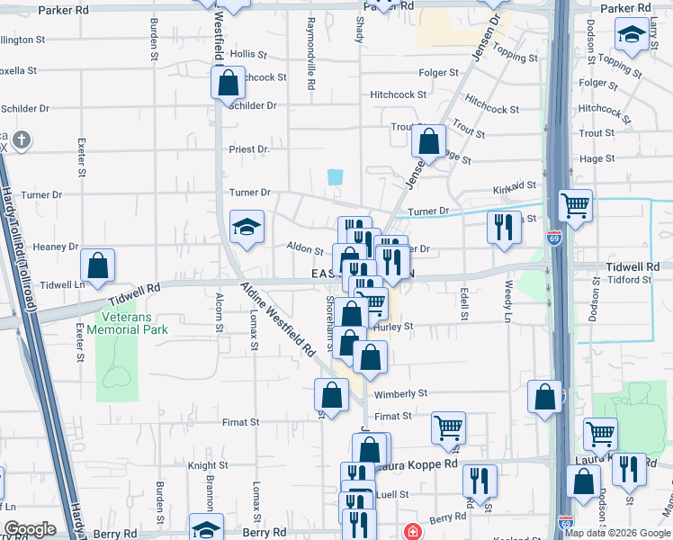 map of restaurants, bars, coffee shops, grocery stores, and more near 2701 Tidwell Road in Houston
