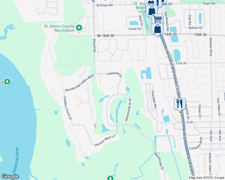 map of restaurants, bars, coffee shops, grocery stores, and more near 401 Players Court in St. Augustine