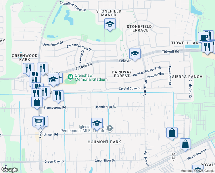 map of restaurants, bars, coffee shops, grocery stores, and more near 12811 Crystal Cove Drive in Houston