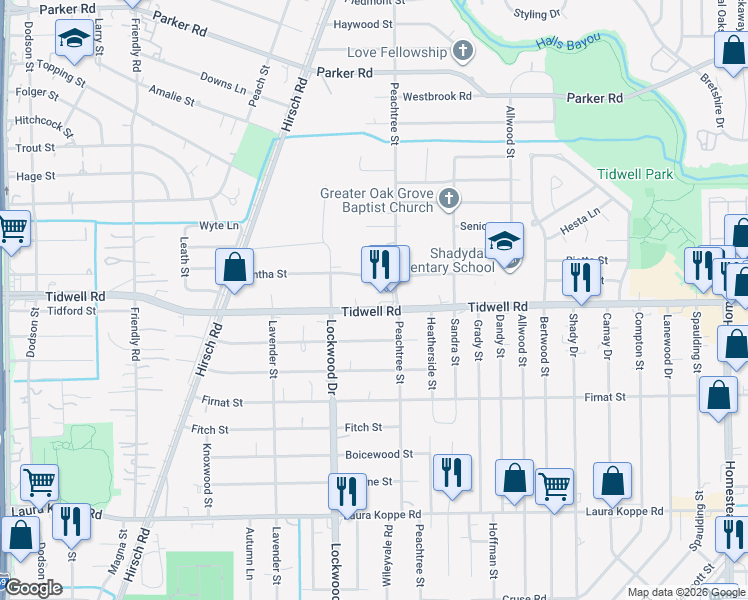 map of restaurants, bars, coffee shops, grocery stores, and more near 5009 Tidwell Road in Houston
