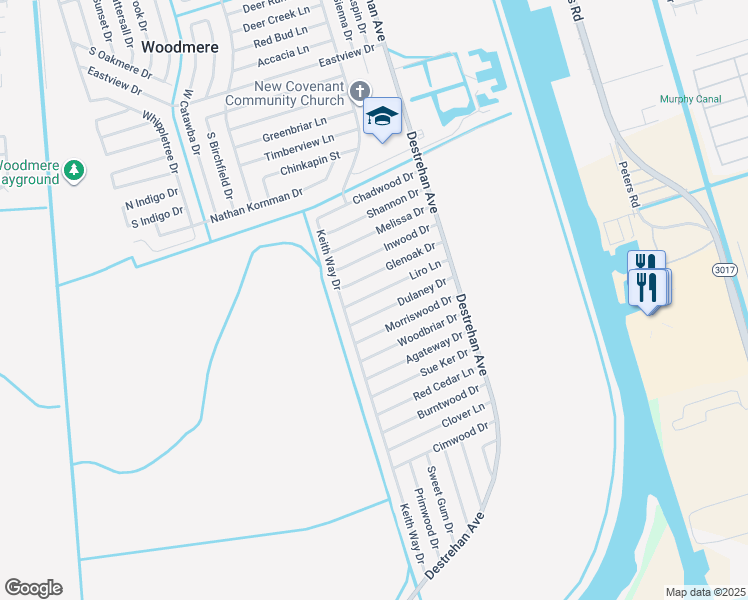 map of restaurants, bars, coffee shops, grocery stores, and more near 3845 Liro Lane in Harvey