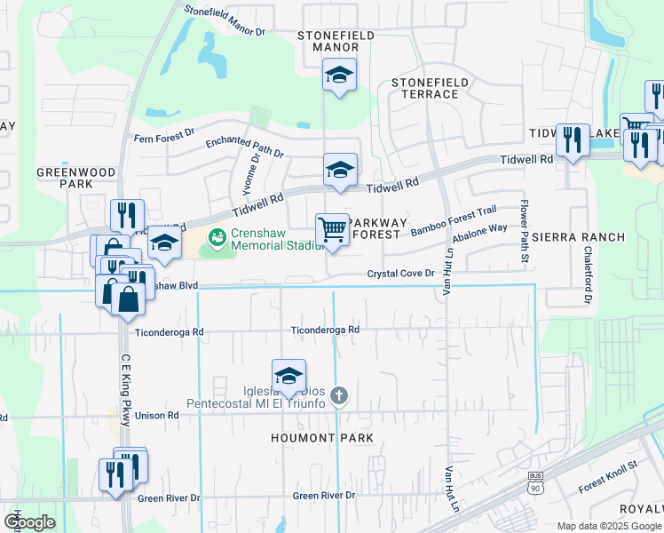 map of restaurants, bars, coffee shops, grocery stores, and more near 12811 Crystal Cove Drive in Houston