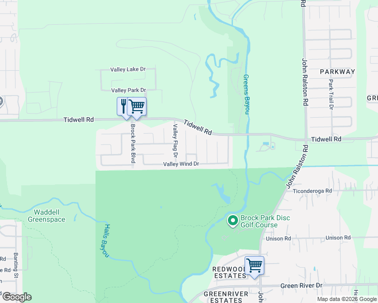 map of restaurants, bars, coffee shops, grocery stores, and more near 8622 Valley Meadow Drive in Houston